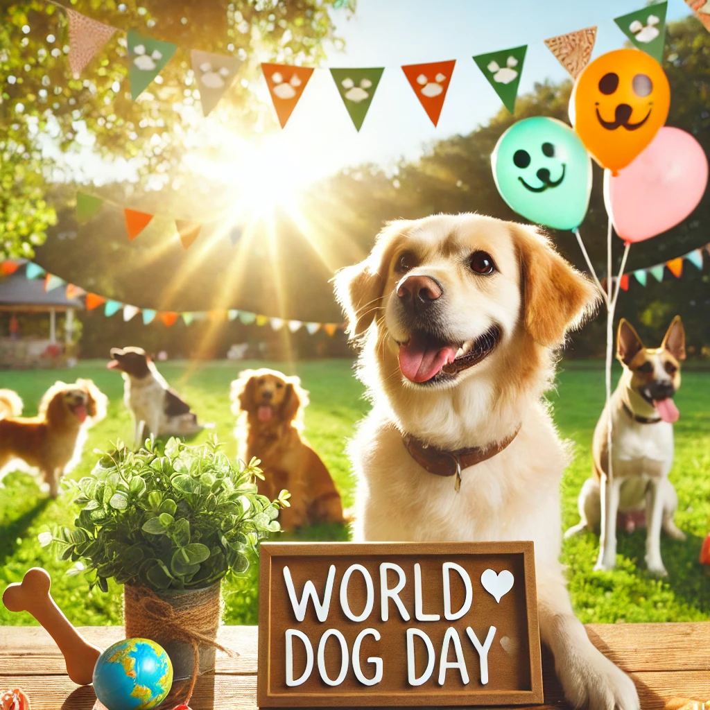 A joyful dog celebrating World Dog Day in a sunny park. The dog looks happy, surrounded by playful elements like balloons, greenery, and other friendl