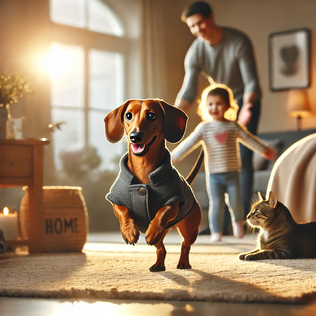 A playful and energetic dachshund running in a cozy apartment setting. The dog is interacting with a child and another pet, possibly a cat, showcasing