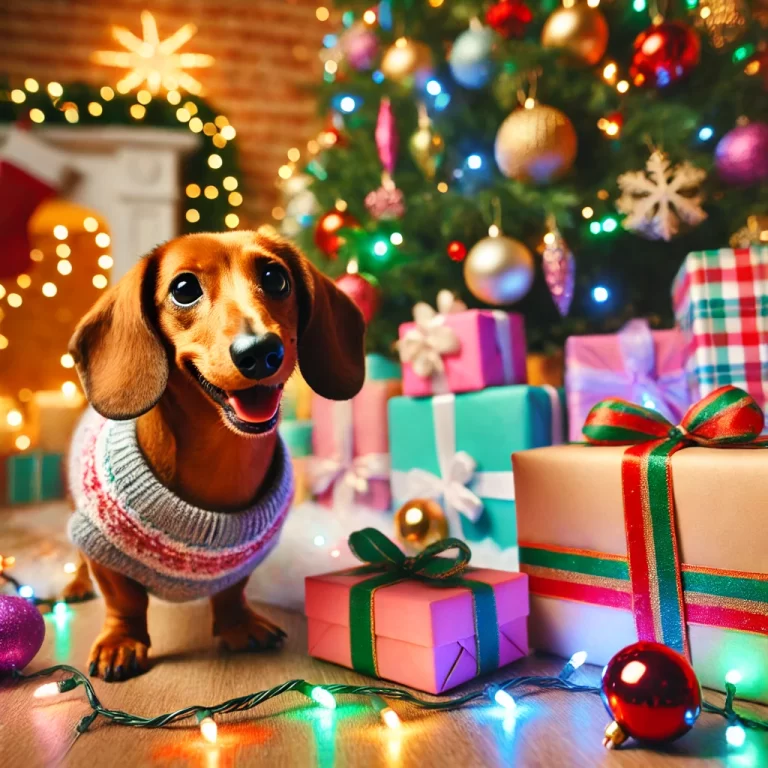 A lively Christmas scene featuring a cheerful dachshund (bassotto) joyfully playing near a brightly decorated Christmas tree. The room is vibrant and