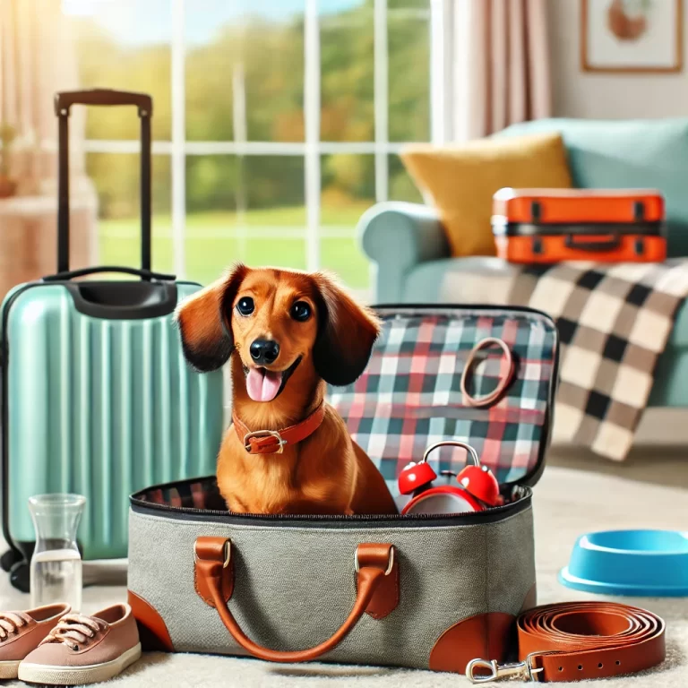 A cute dachshund sitting inside a travel bag, ready for an adventure. The scene is set in a pet-friendly vacation spot with a beautiful landscape in t