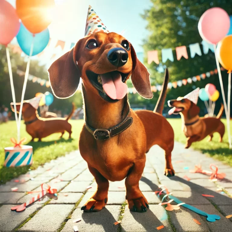 A joyful dachshund celebrating in a sunny park. The dog has a long body, short legs, and an expressive face, surrounded by decorations like balloons.