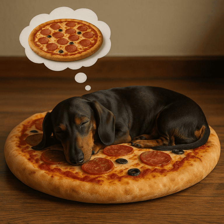 un bassotto dorme e sogna una pizza